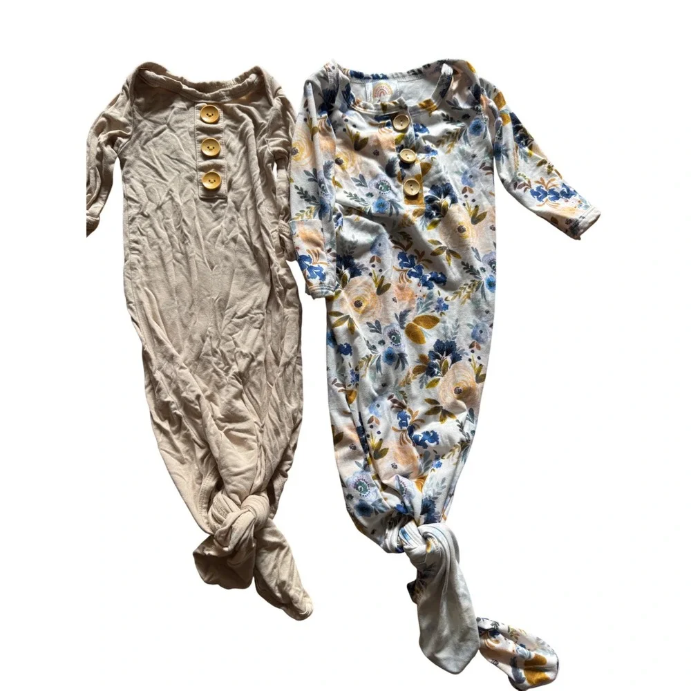 Baby Noah & Babyin Styles Bamboo Knotted Gown Set Newborn Tan Floral 2pc Bundle
